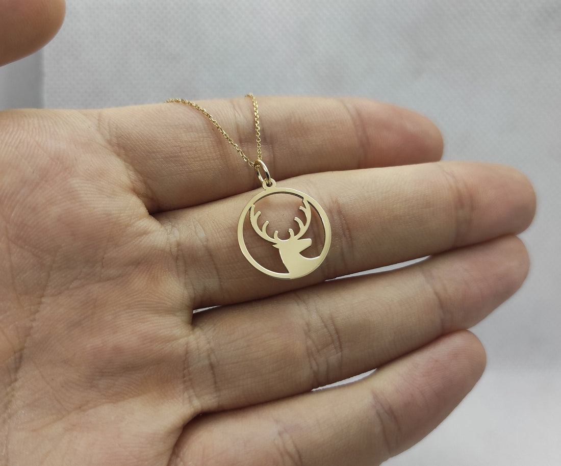 Solid Plain Gold Wild Deer Pendant Necklace