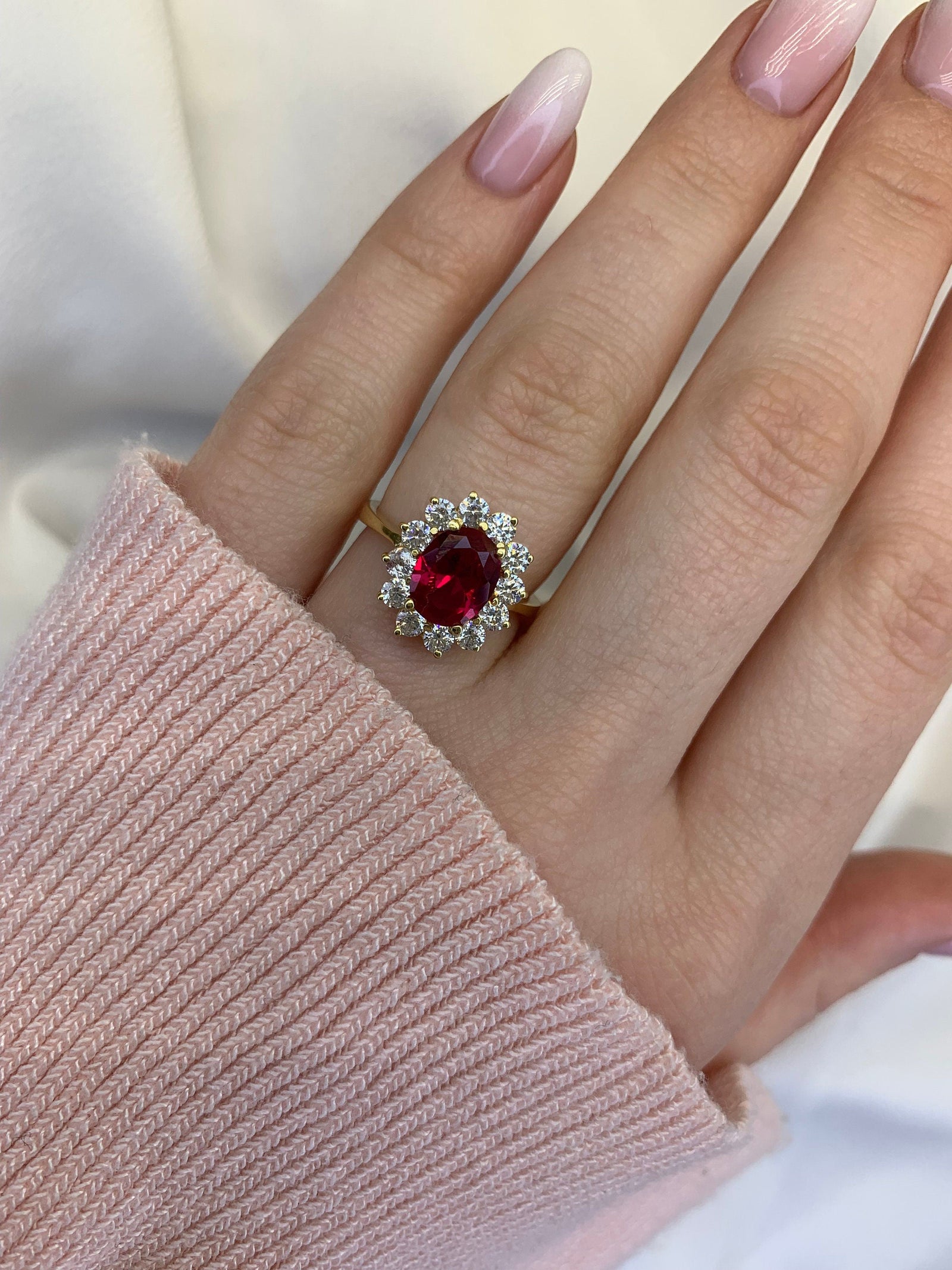 2.0CT Ruby Oval Diamond Floral Halo Katy Perry Engagement Ring