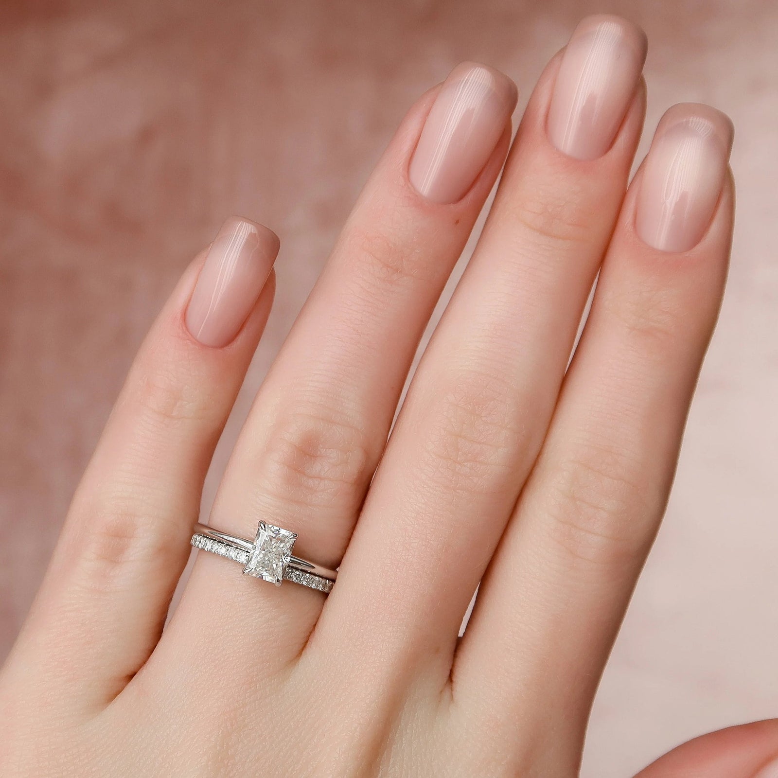 1.0CT Radiant Cut Moissanite Hidden Halo Bridal Ring Set