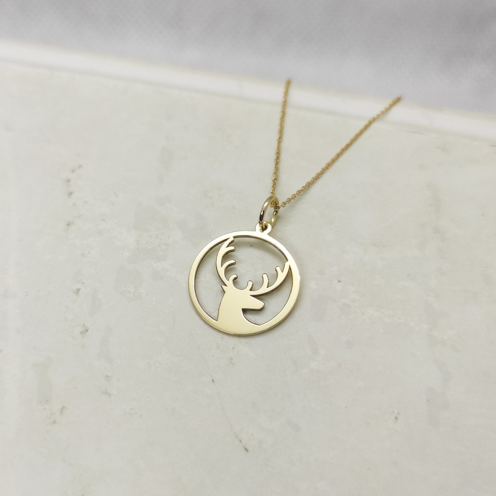 Solid Plain Gold Wild Deer Pendant Necklace