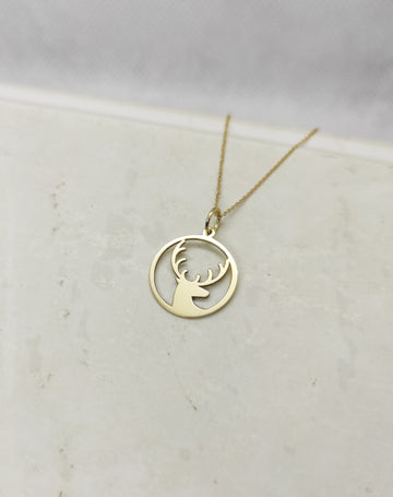 Solid Plain Gold Wild Deer Pendant Necklace