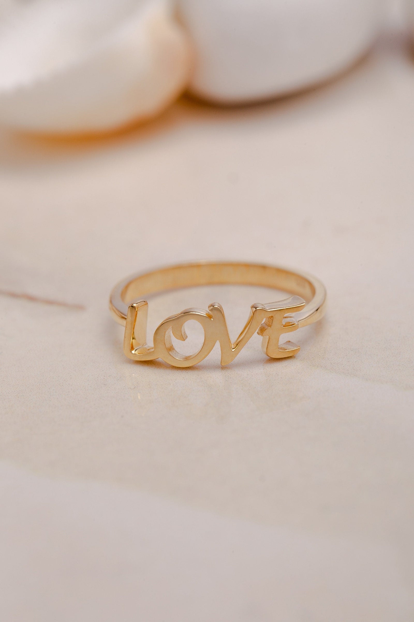 14K Solid Gold Script Love Ring Gift for Women