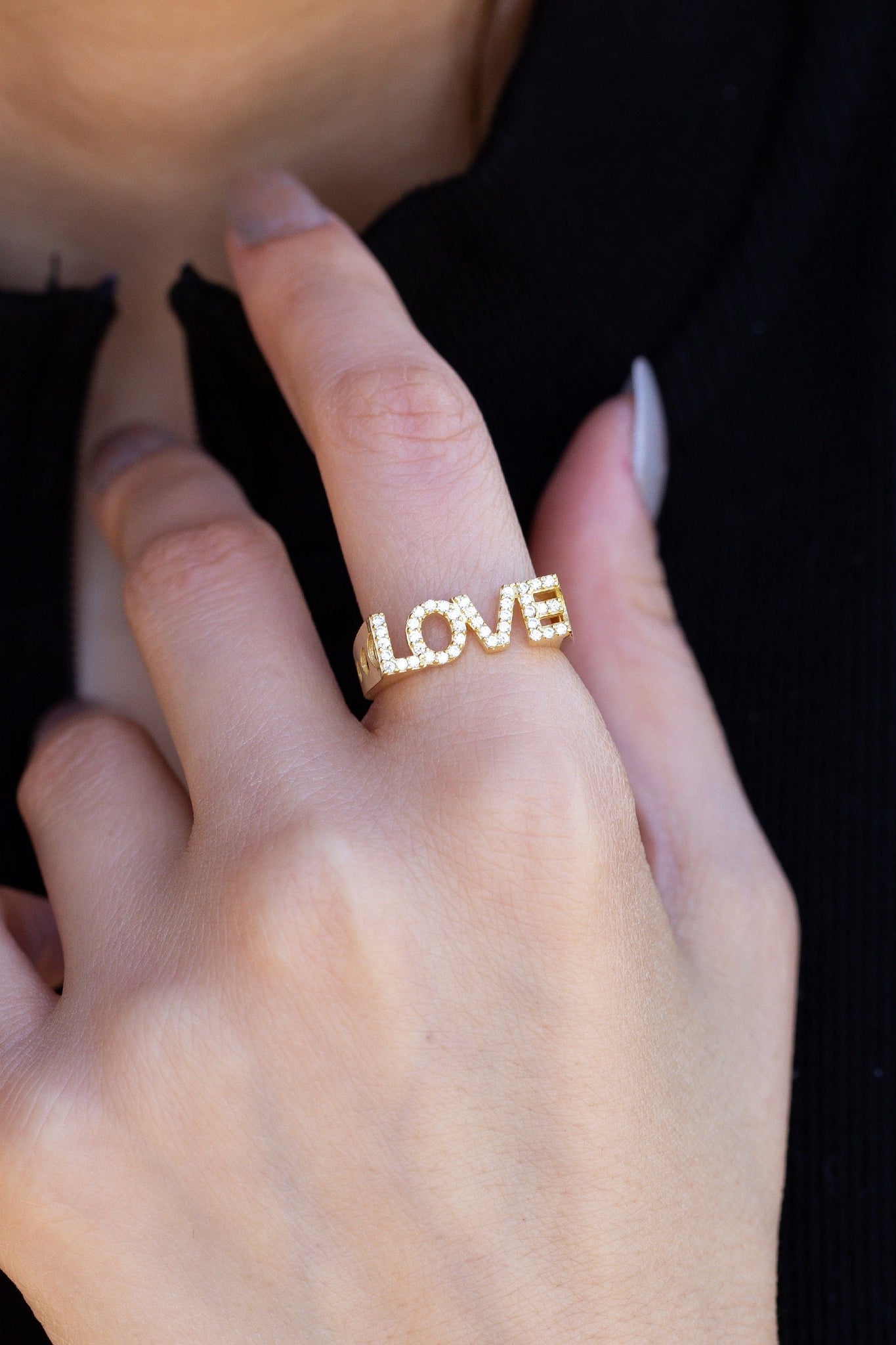 Round Cut Love Word Diamond Ring Valentine Gift