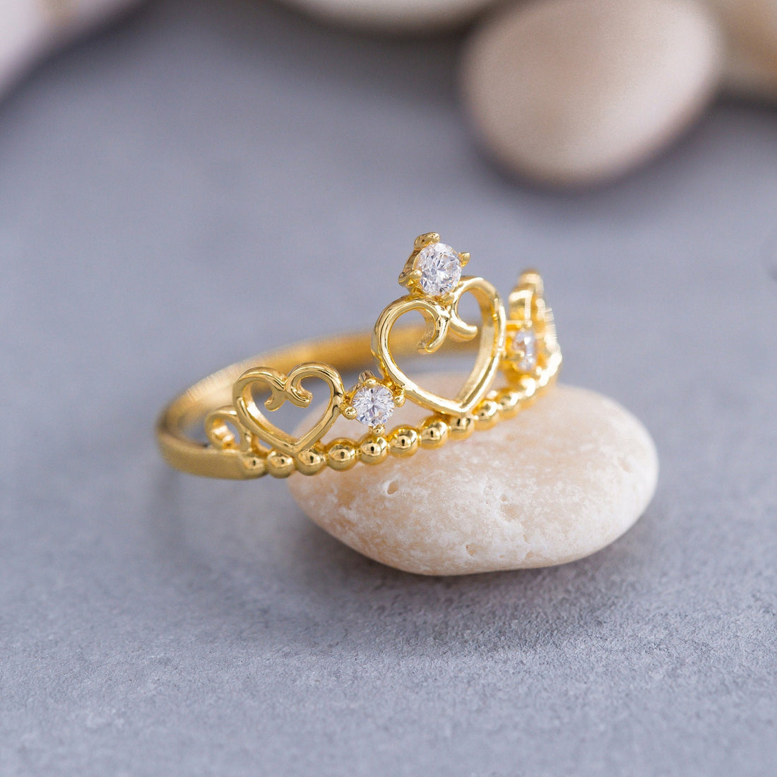 14K Solid Gold Princess Heart Crown Ring for Women