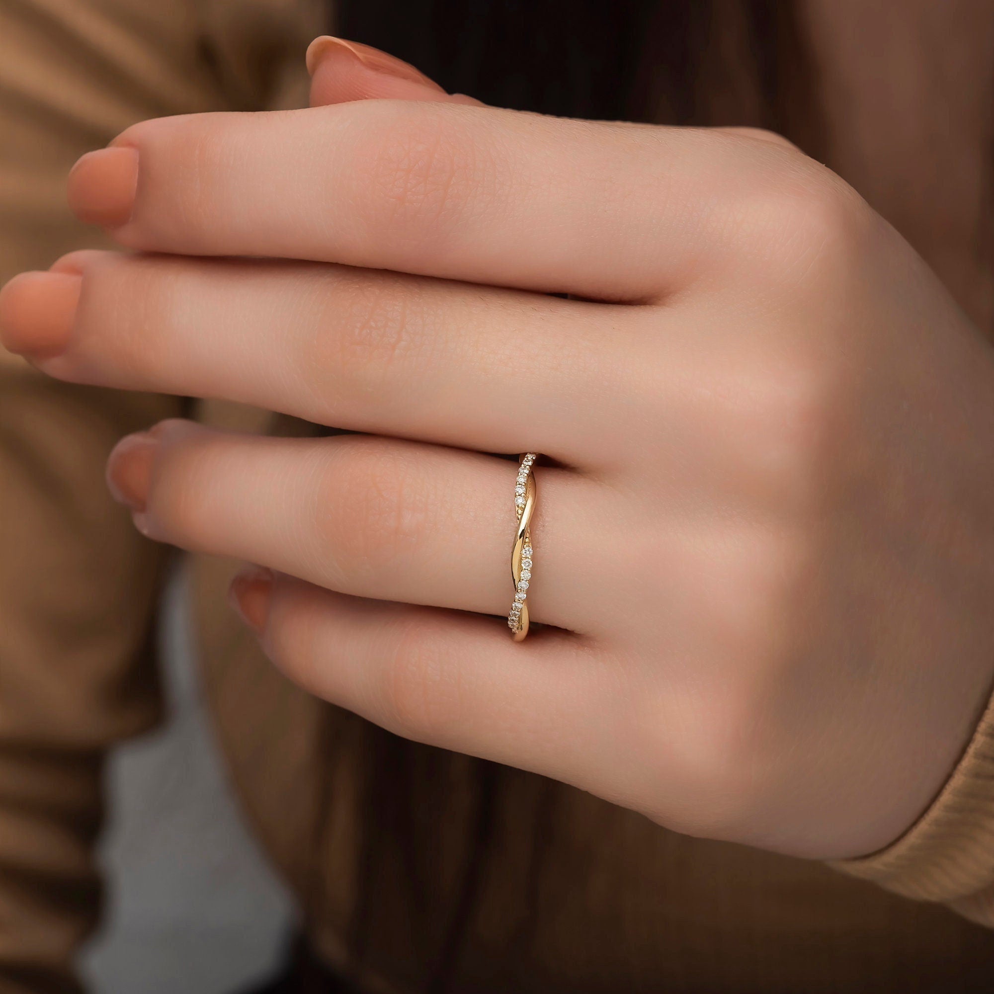 Round Cut Braided Diamond Stackable Ring for Her