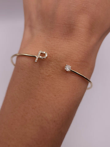 Round Cut Diamond Initial Open Cuff Bracelet for Her