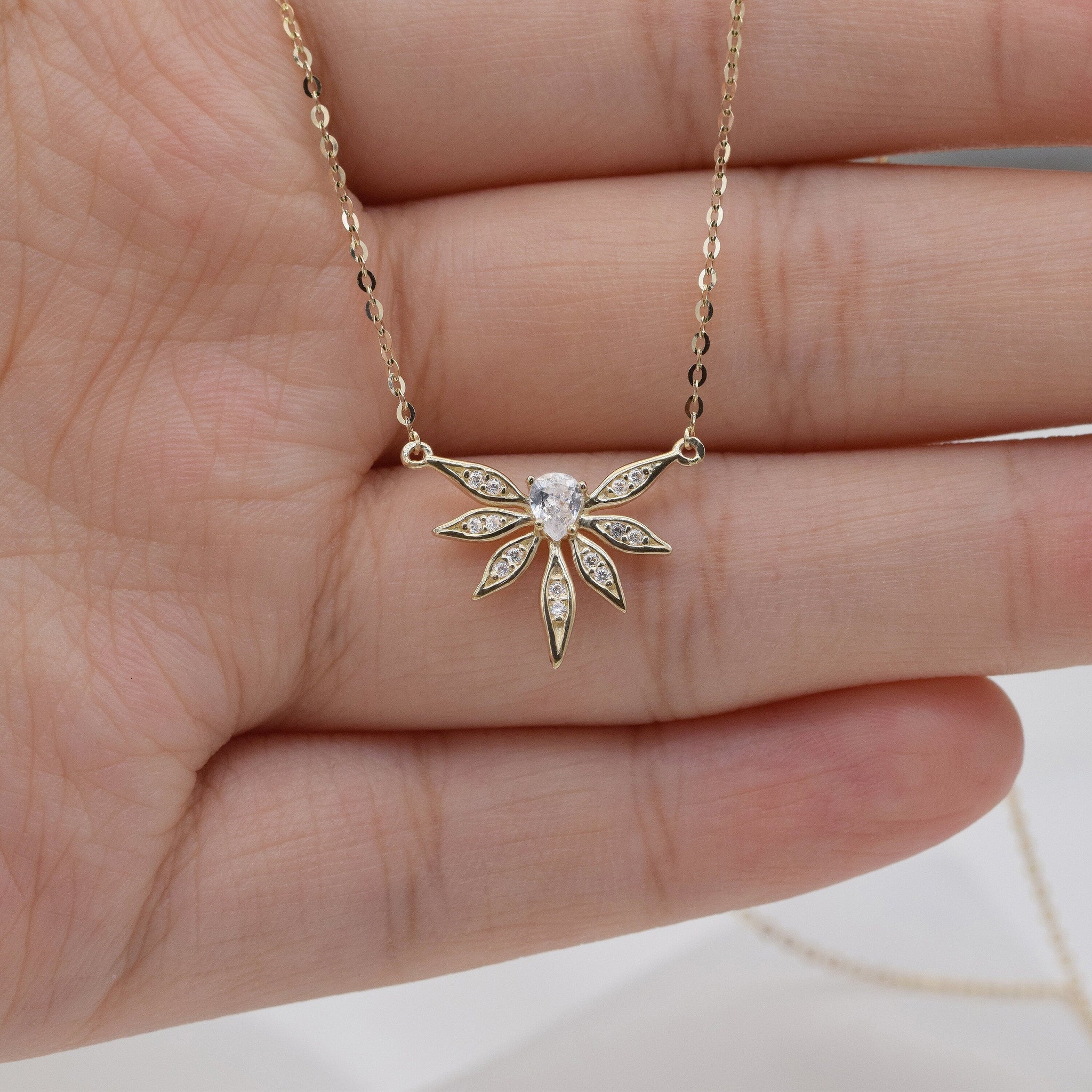 Round & Pear Cut Diamond Leaf Necklace for Everyday Jewelry