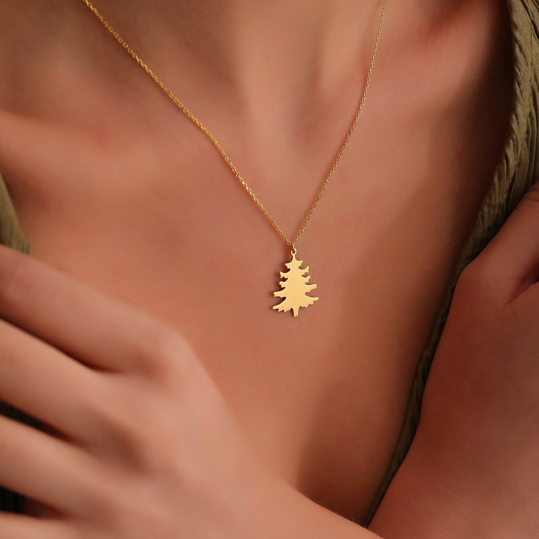 Solid Gold Plain Minimalist Xmas Tree Charm Pendant Necklace