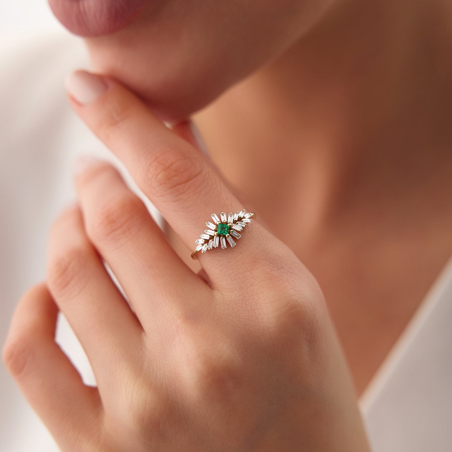 Green Princess & Baguette Cut Diamond Cluster Ring for Women