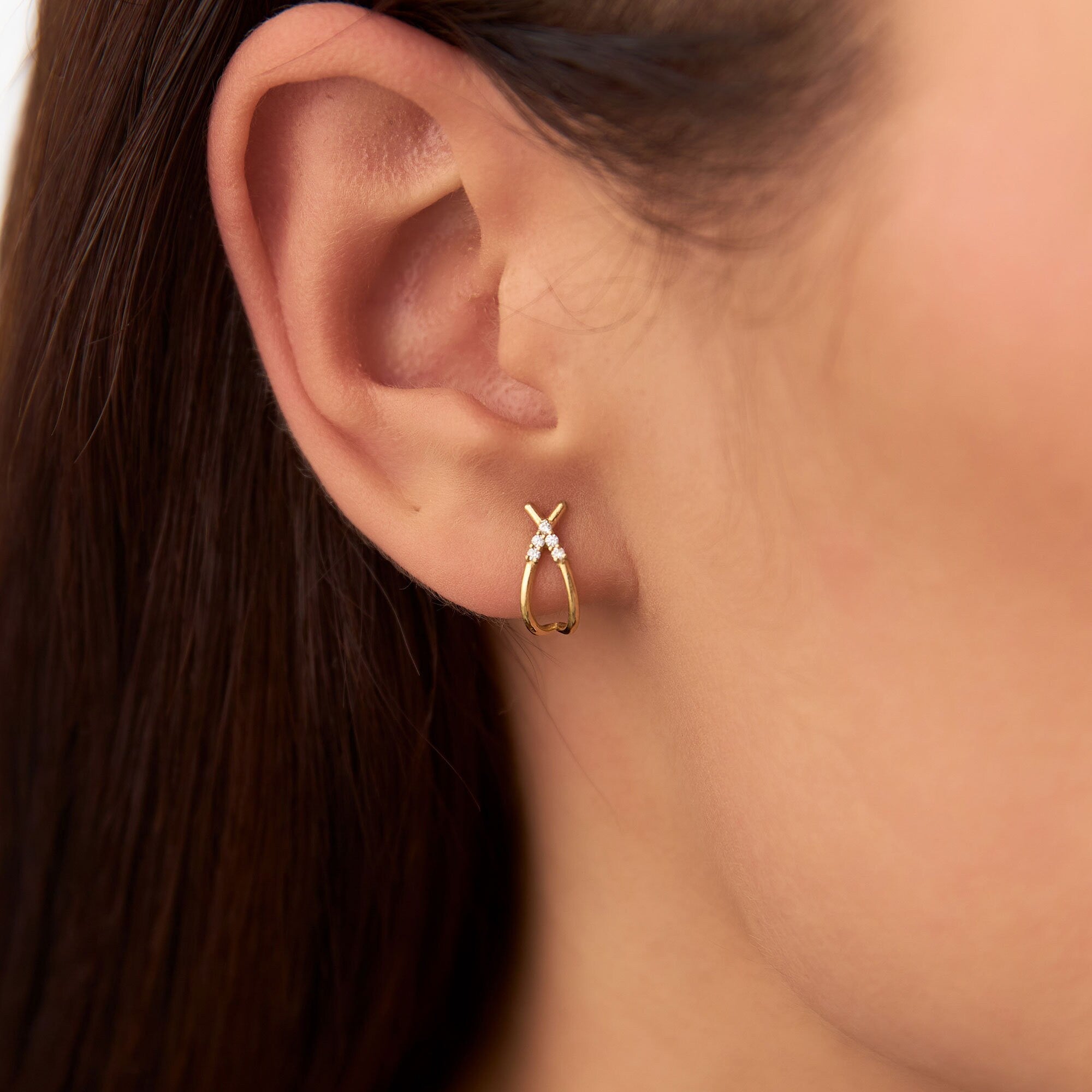 14k Gold Criss Cross Half Hoop Diamond Stud Earrings for Wife