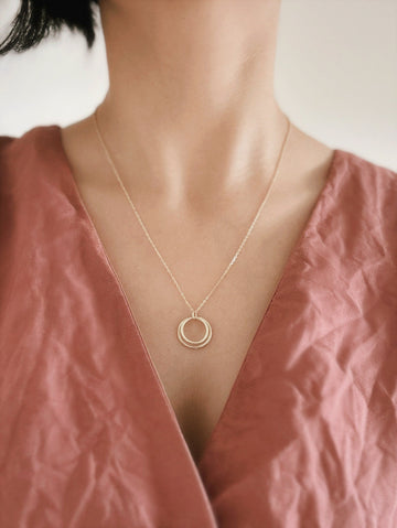 14K Solid Gold Double Circle Necklace for Women