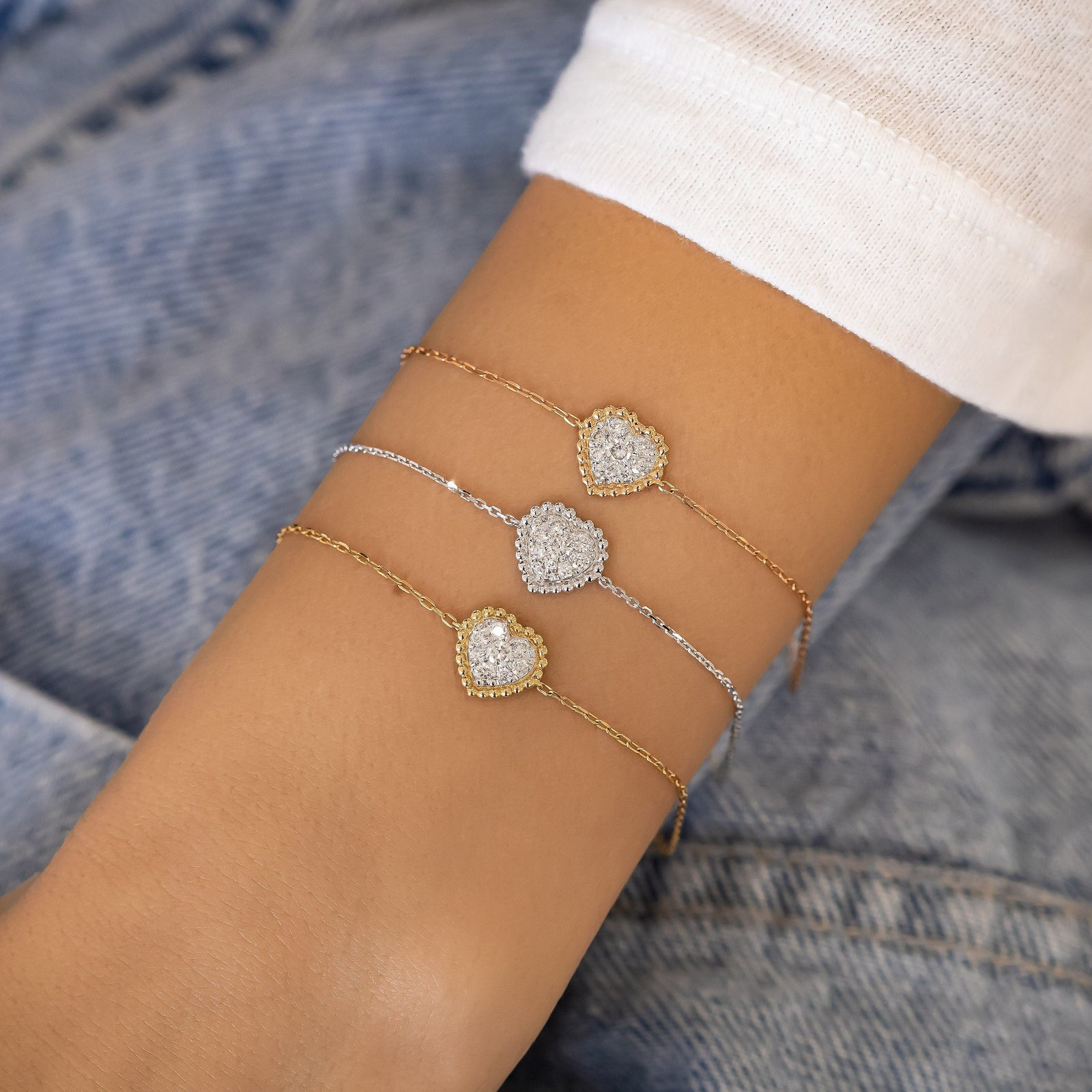 Round Cut Diamond Vintage Pave Heart Bracelet for Women