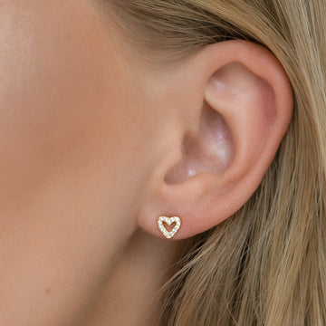 Round Diamond Heart Stud Earrings in Gold Gift for Her