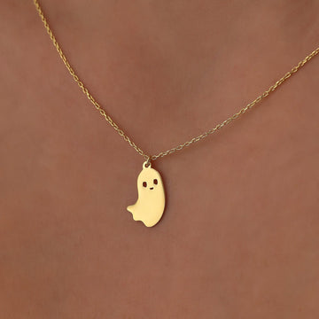 Solid Plain Gold Halloween Tiny Ghost Pendant Necklace