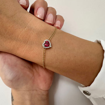 Ruby Heart Shape July Birthstone Diamond Halo Bracelet