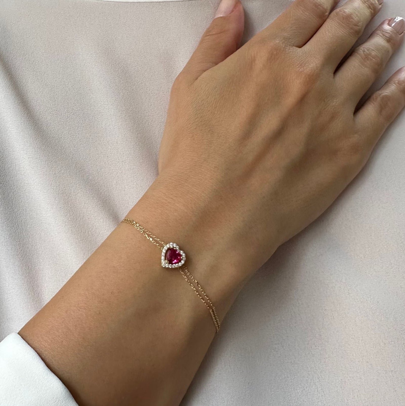 Ruby Heart Shape July Birthstone Diamond Halo Bracelet