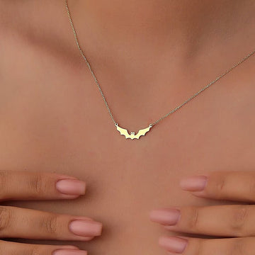 Solid Plain Gold Halloween Dainty Bat Pendant Necklace