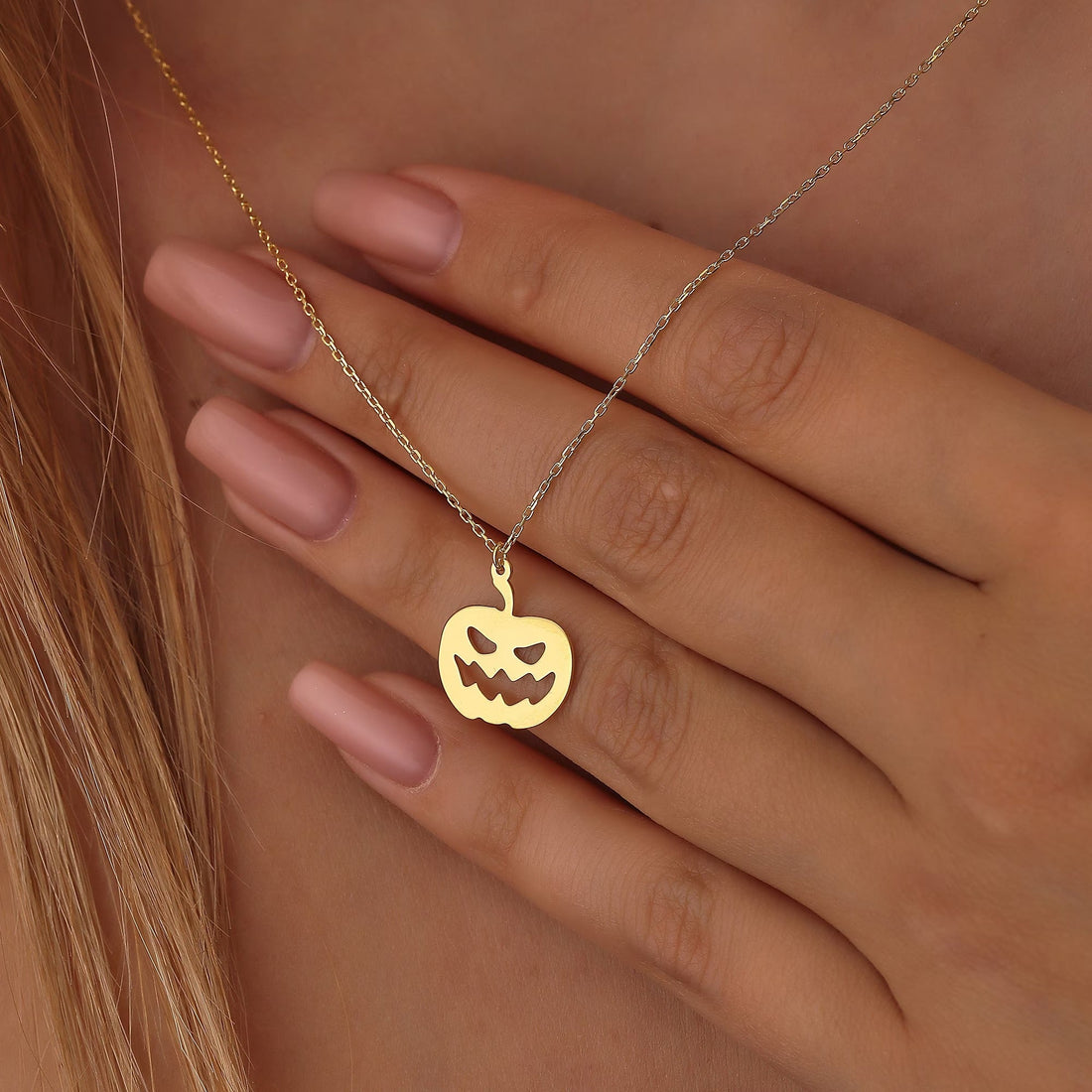 Solid Plain Gold Halloween Pumpkin Pendant Necklace