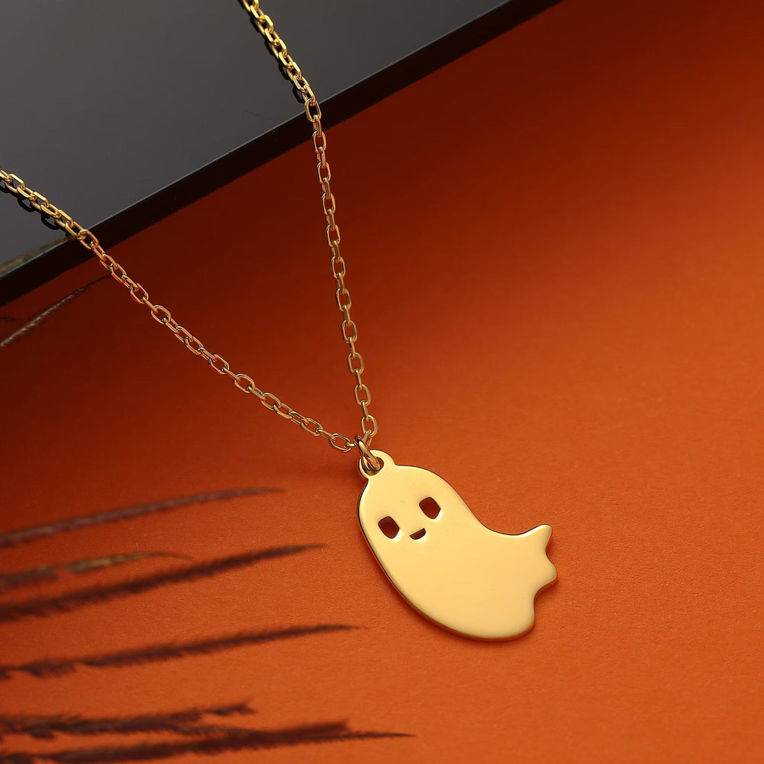 Solid Plain Gold Halloween Tiny Ghost Pendant Necklace