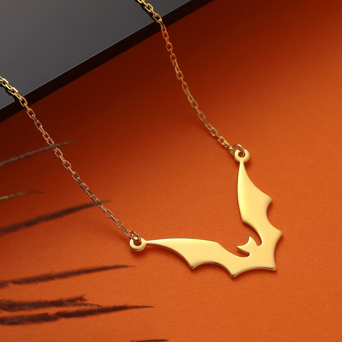 Solid Plain Gold Halloween Dainty Bat Pendant Necklace