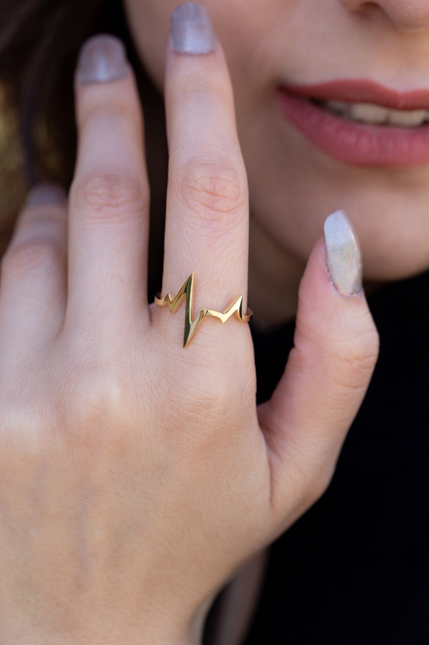 14K Gold Heartbeat Initial Ring Gift for Women