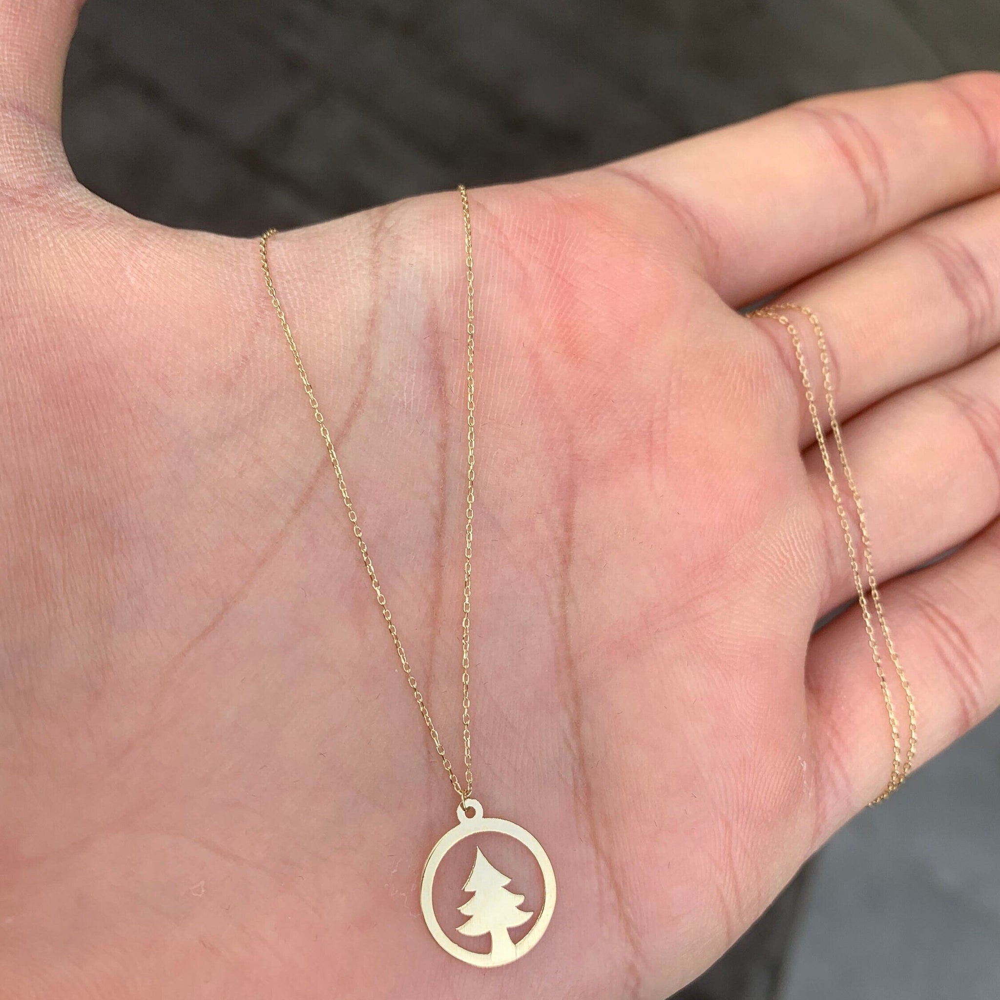 Solid Plain Gold Christmas Pine Tree Pendant Necklace