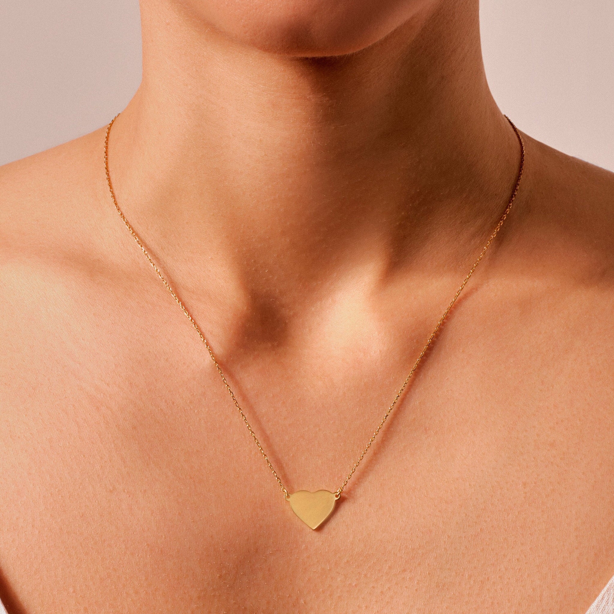 14K Solid Gold Plain Heart Shape Necklace for Her