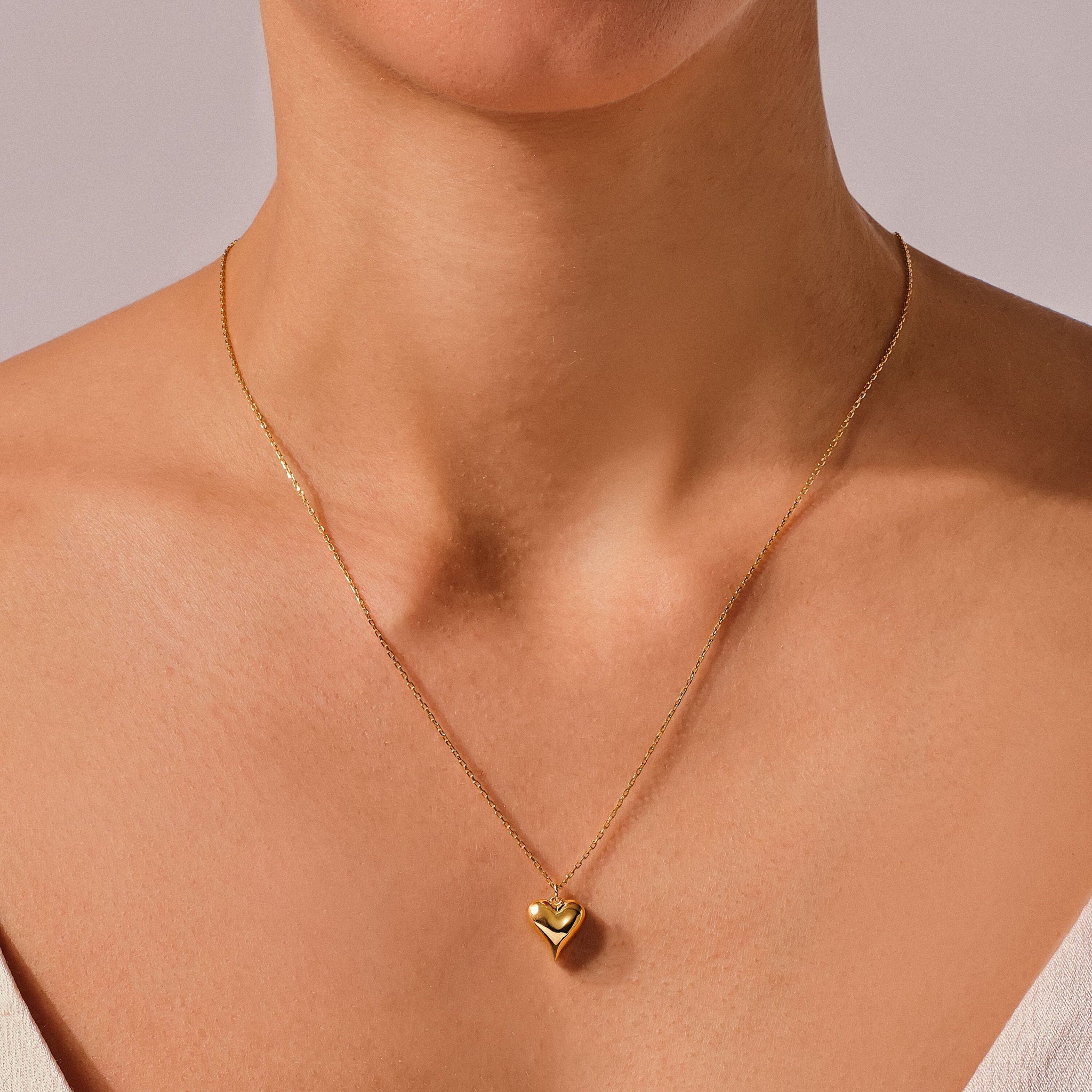 Puffed Heart 14K Solid Gold Necklace for Valentine's Day Gift