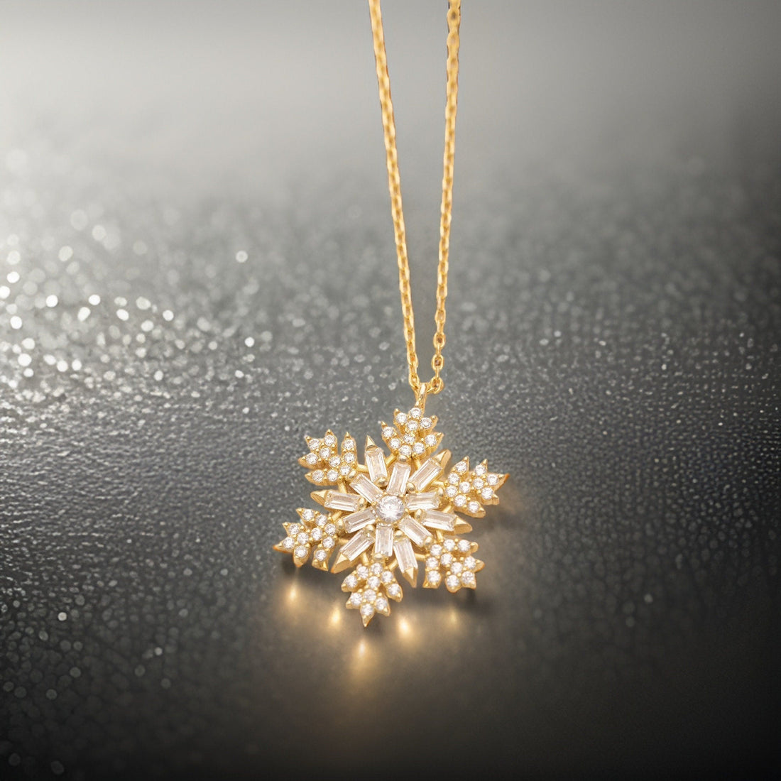 Round & Baguette Diamond Snow Flake Necklace for Women