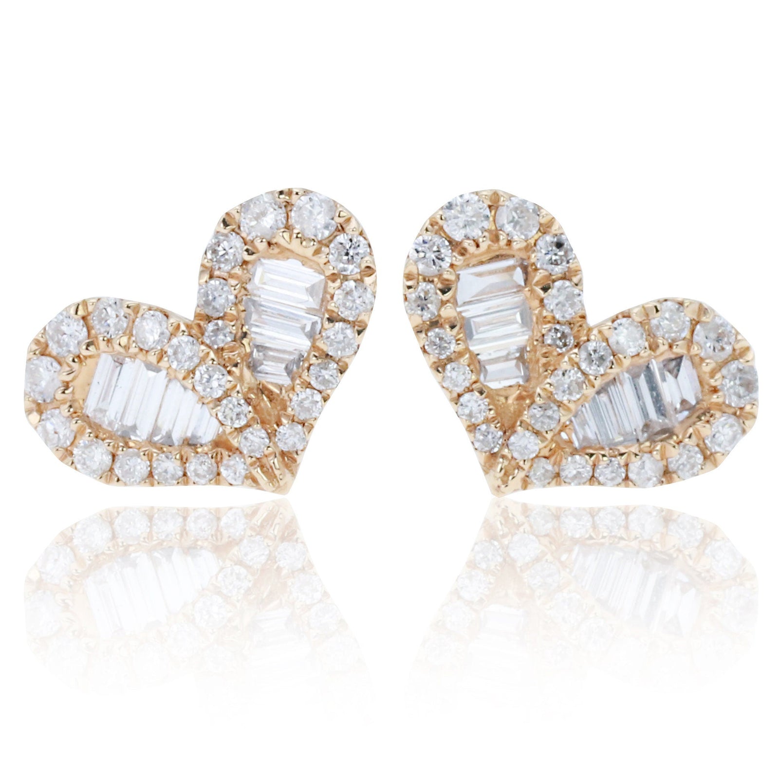 Round & Baguette Diamond Heart Studs Earrings for Women