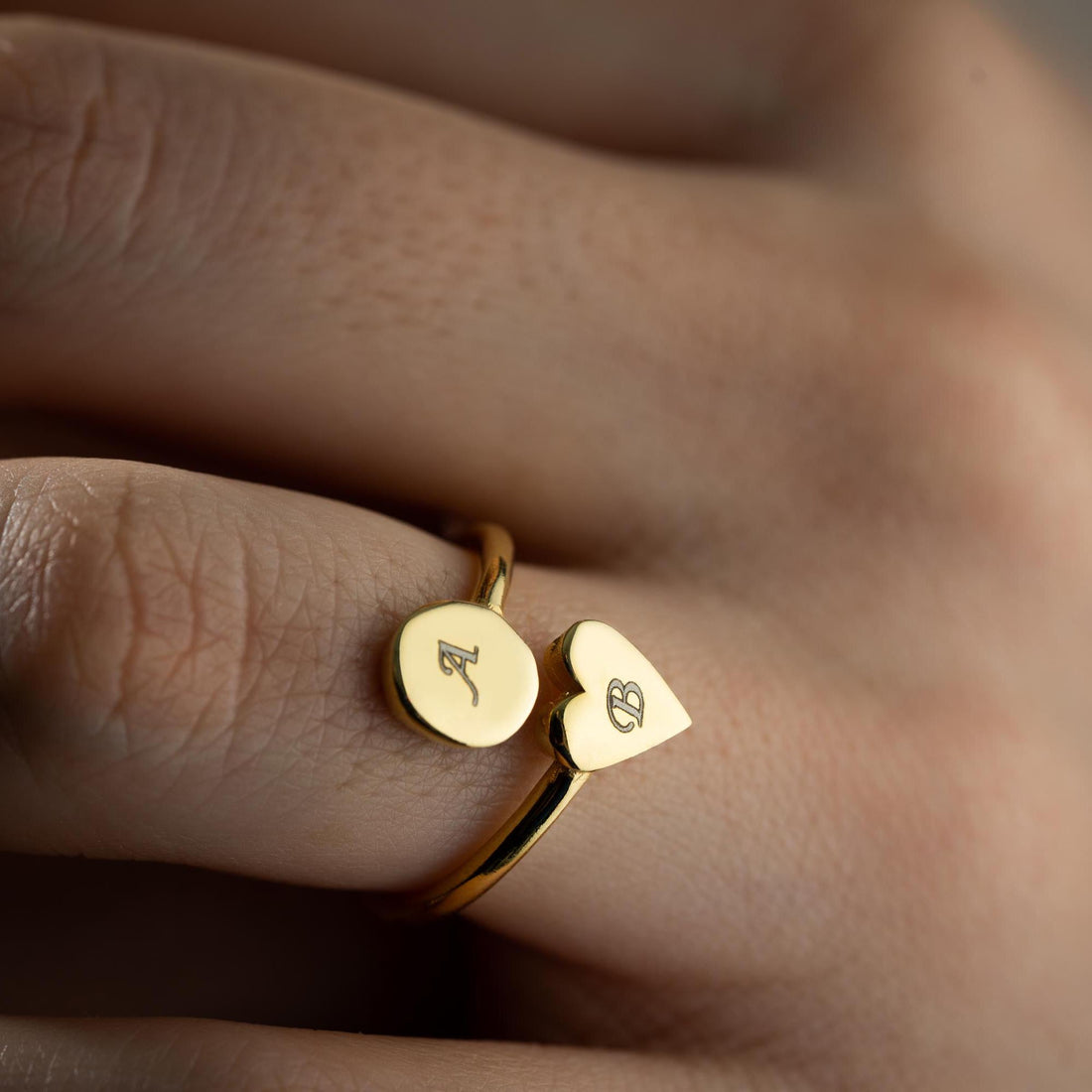 Double Name Open Heart Ring in 14K Gold for Gift