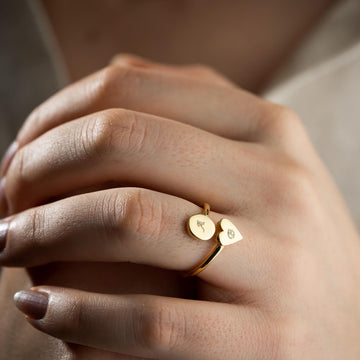 Double Name Open Heart Ring in 14K Gold for Gift