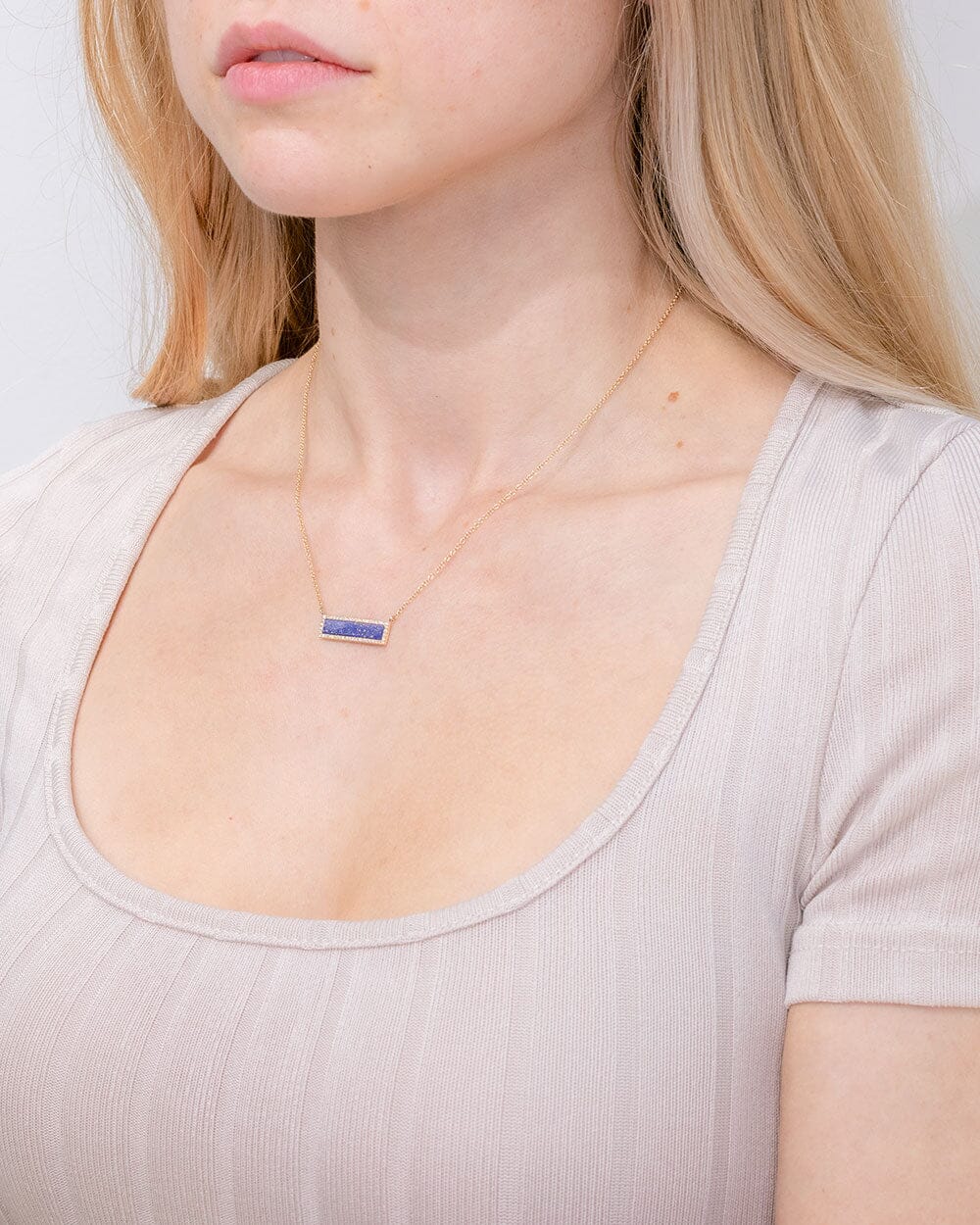 Lapis Inlay Bar Pavé Diamond Halo Necklace