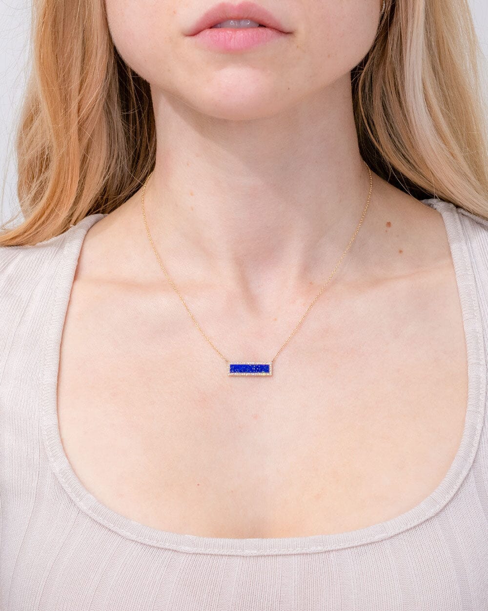 Lapis Inlay Bar Pavé Diamond Halo Necklace