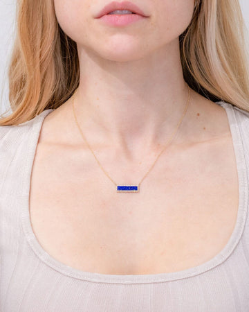 Lapis Inlay Bar Pavé Diamond Halo Necklace