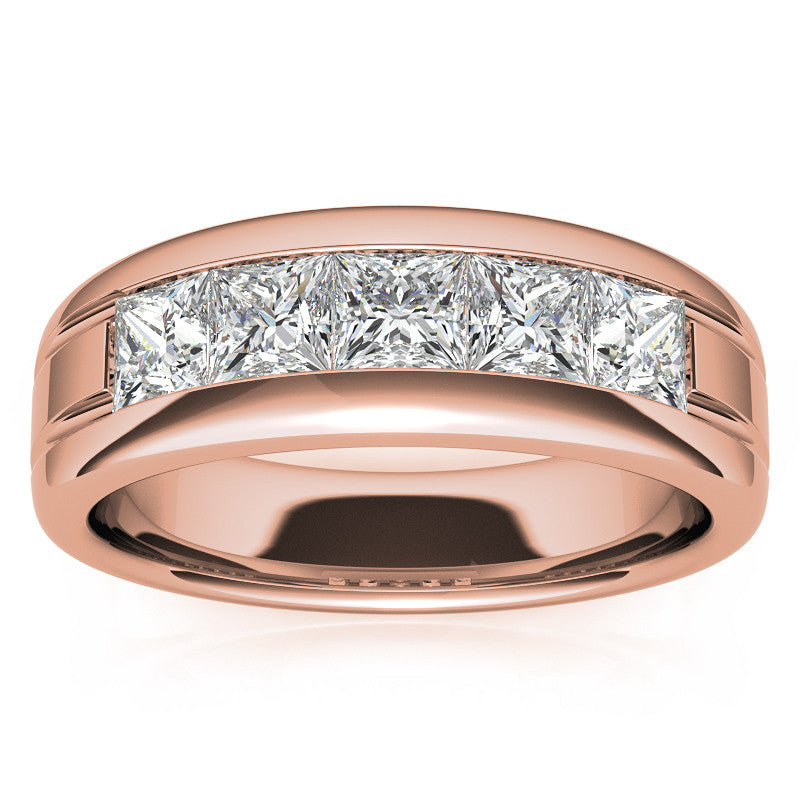 7mm Princess Cut Five Stone Moissanite Men's Wedding Band In Rose Gold