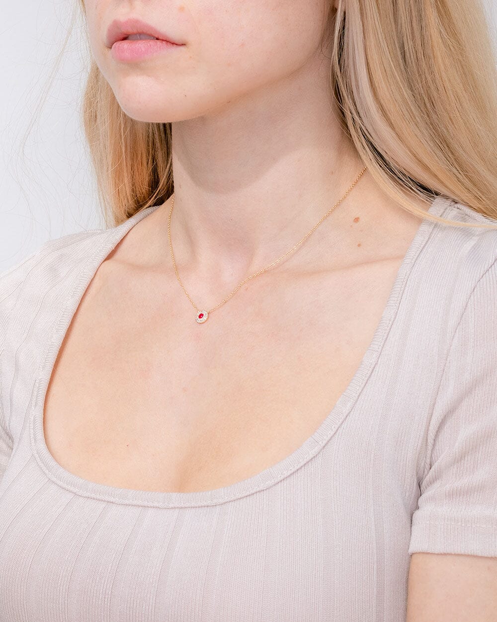 Mini Ruby Double Diamond Halo Necklace