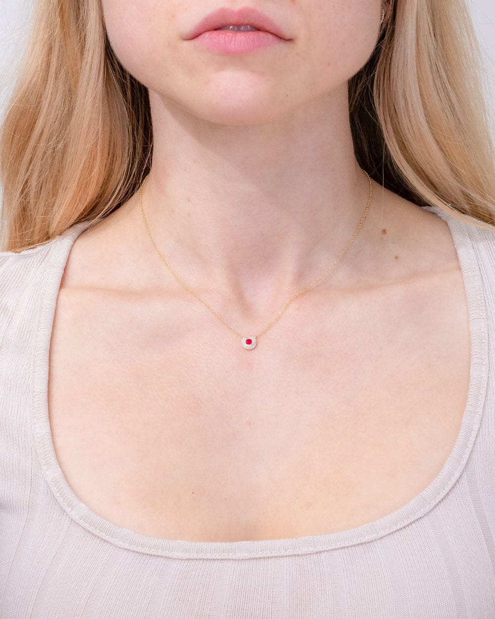 Mini Ruby Double Diamond Halo Necklace