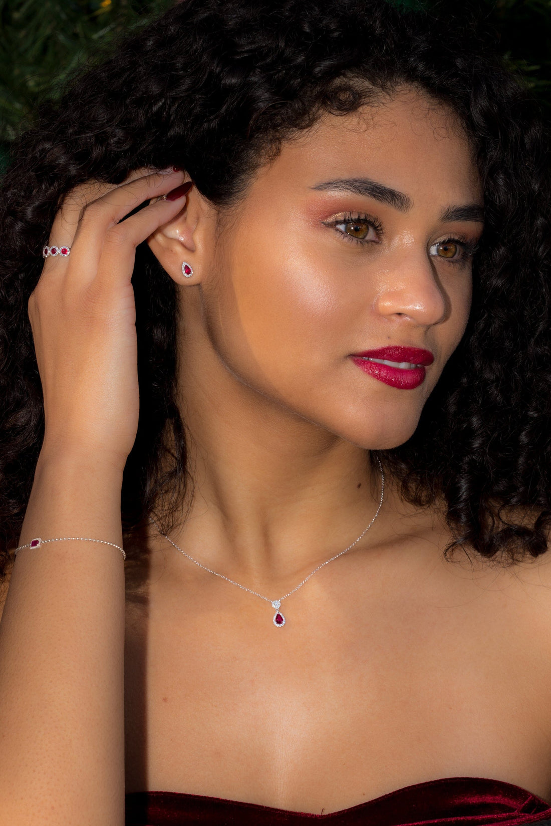 Pear Ruby Diamond Halo Drop Necklace 14k White Gold