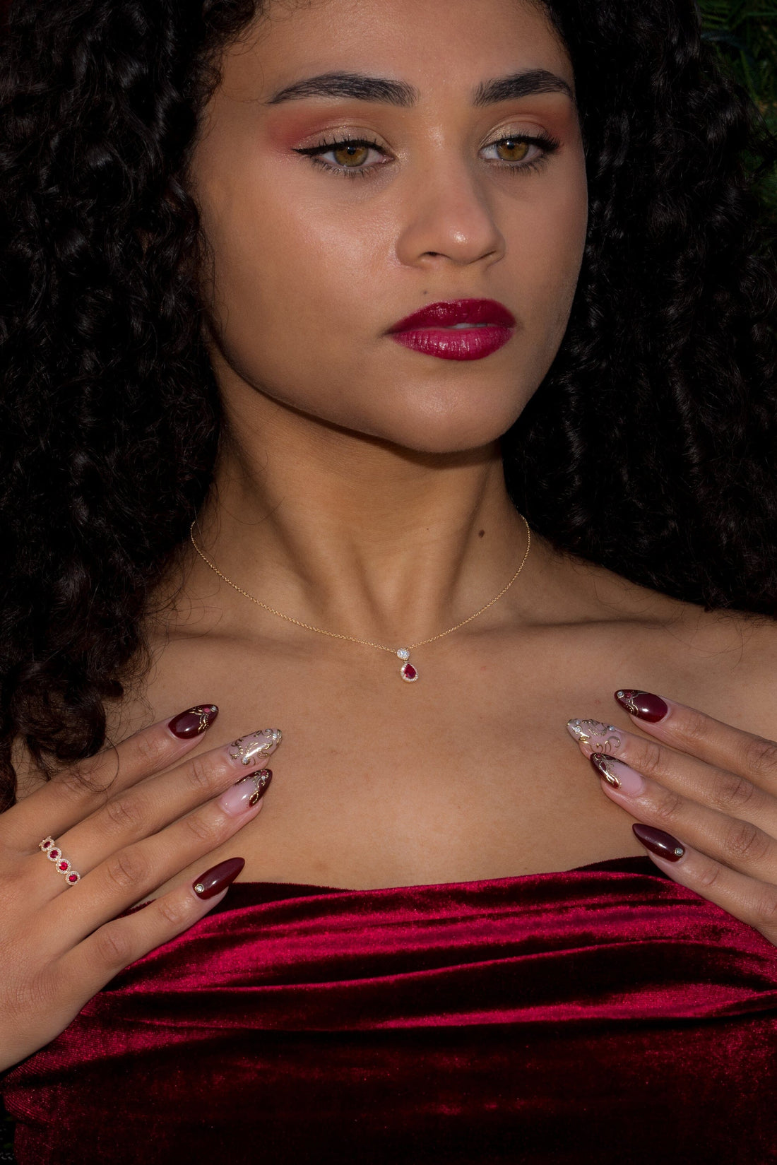 Pear Ruby Diamond Halo Drop Necklace 14k Yellow Gold