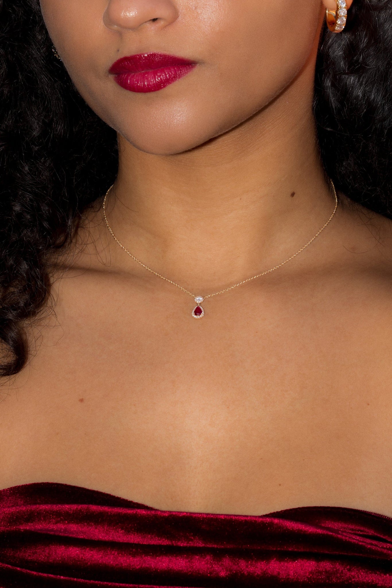 Pear Ruby Diamond Halo Drop Necklace 14k Yellow Gold