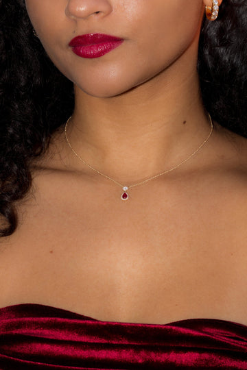 Pear Ruby Diamond Halo Drop Necklace 14k Yellow Gold